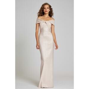 Rickie Freeman Teri Jon Ice Pink Metallic Twist Front Off Shoulder Gown Size 8